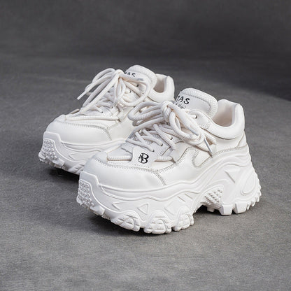 Women's Retro Plain Leather Chunky Platform Sneakers-RAIIFY