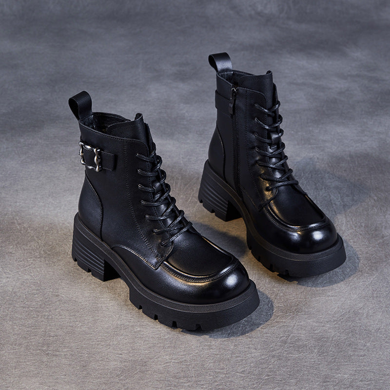 Women's Vintage Buckle Leather Platform Boots