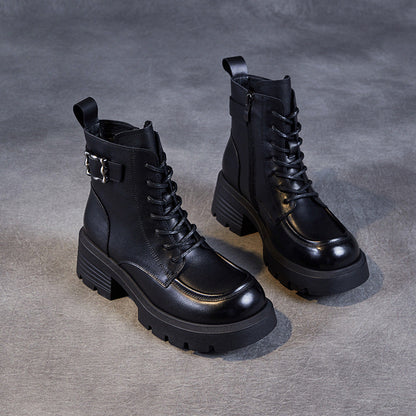 Women's Vintage Buckle Leather Platform Boots