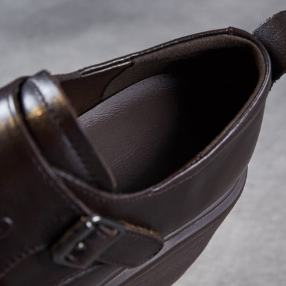 Women's Plain Leather Buckle Chunky Heel Loafers