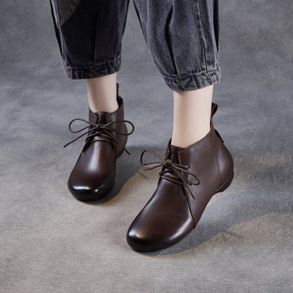 Women's Plain Leather Lace-up Casual Ankle Boots
