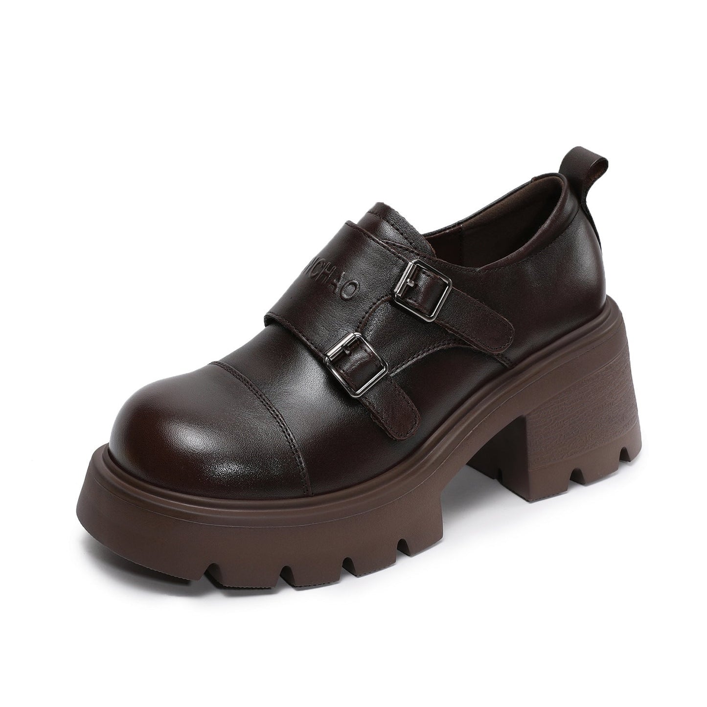 Women's Plain Leather Buckle Chunky Heel Loafers-RAIIFY