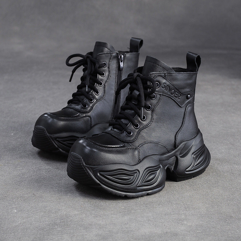 Women's Vintage Leather Chunky Platform Boots-RAIIFY