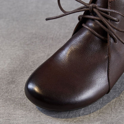 Women's Plain Leather Lace-up Casual Ankle Boots