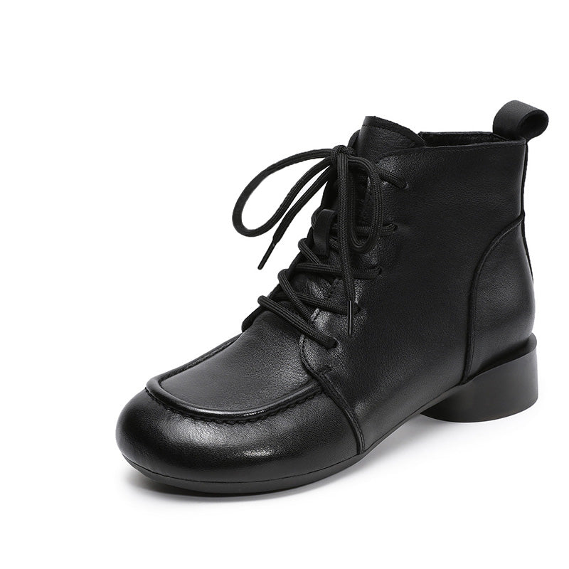 Women's Retro Leather Low Block Ankle Boots-RAIIFY