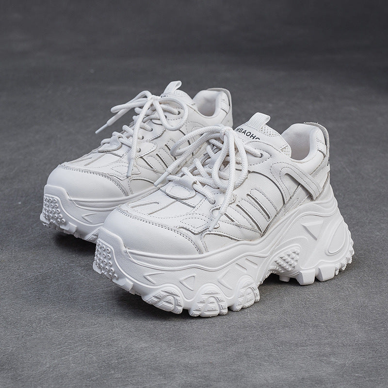 Women's Minimalist Plain Leather Chunky Platform Sneakers-RAIIFY