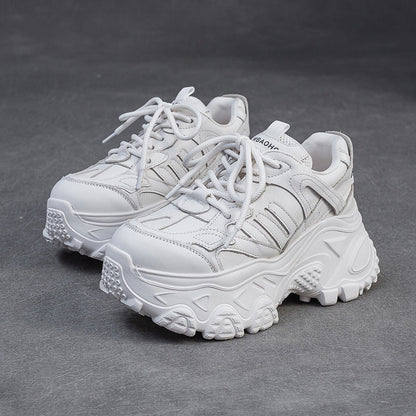 Women's Minimalist Plain Leather Chunky Platform Sneakers-RAIIFY