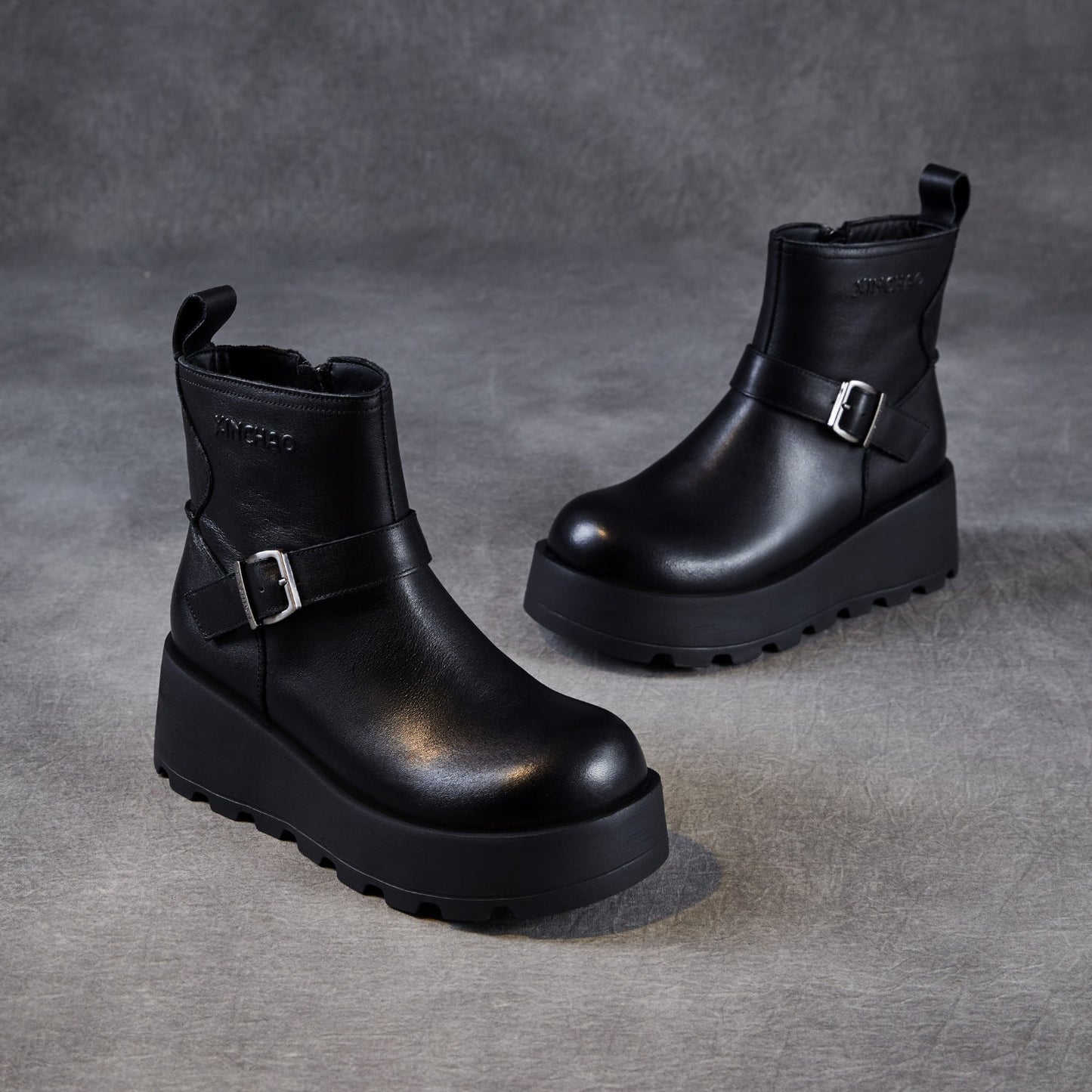 Women's Vintage Plain Leather Chunky Platform Ankle Boots