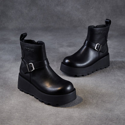 Women's Vintage Plain Leather Chunky Platform Ankle Boots