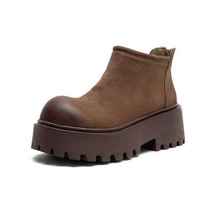 Women's Retro Plain Leather Chunky Platform Ankle Boots