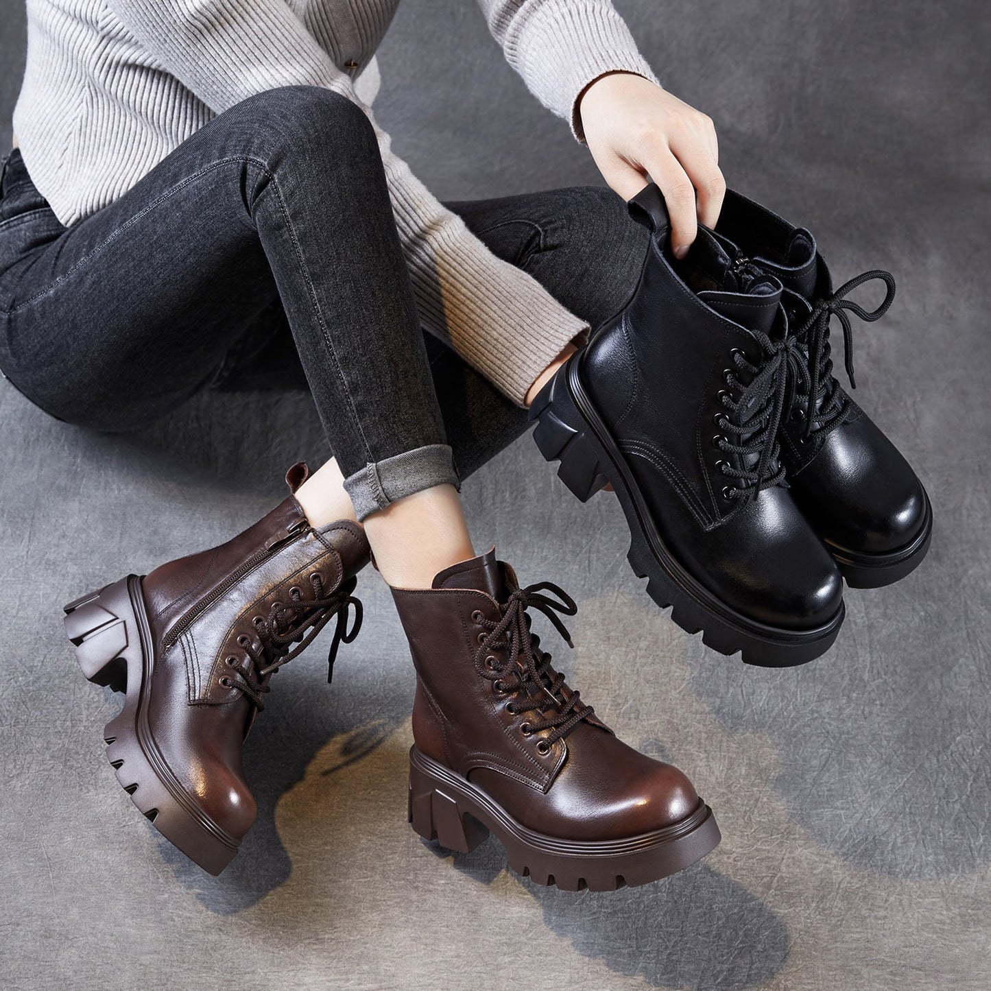 Women's Minimalist Plain Leather Chunky Platform Boots