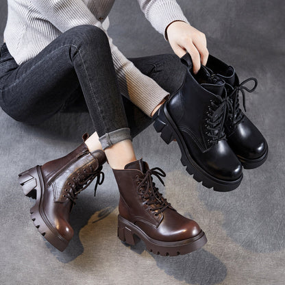 Women's Minimalist Plain Leather Chunky Platform Boots
