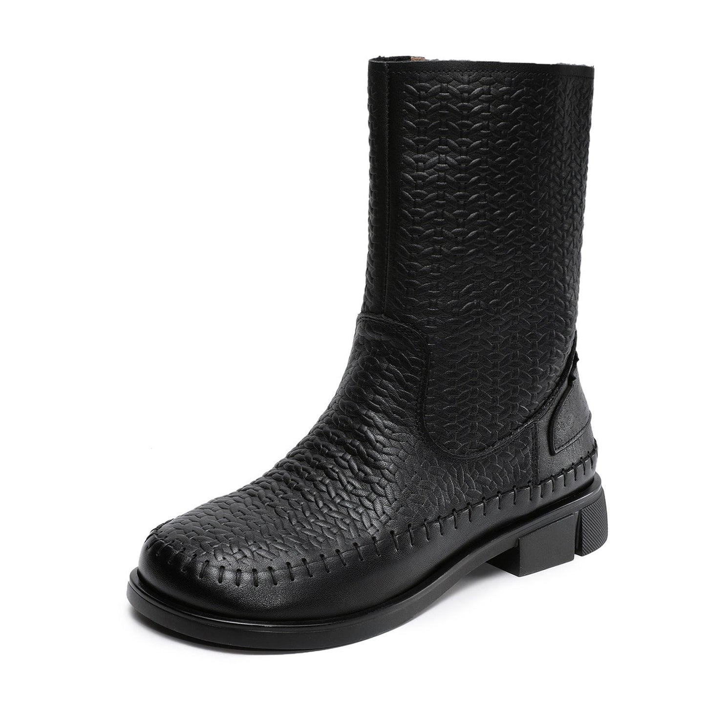 Women's Vintage Woven Embossing Leather Mid-Calf Boots-RAIIFY