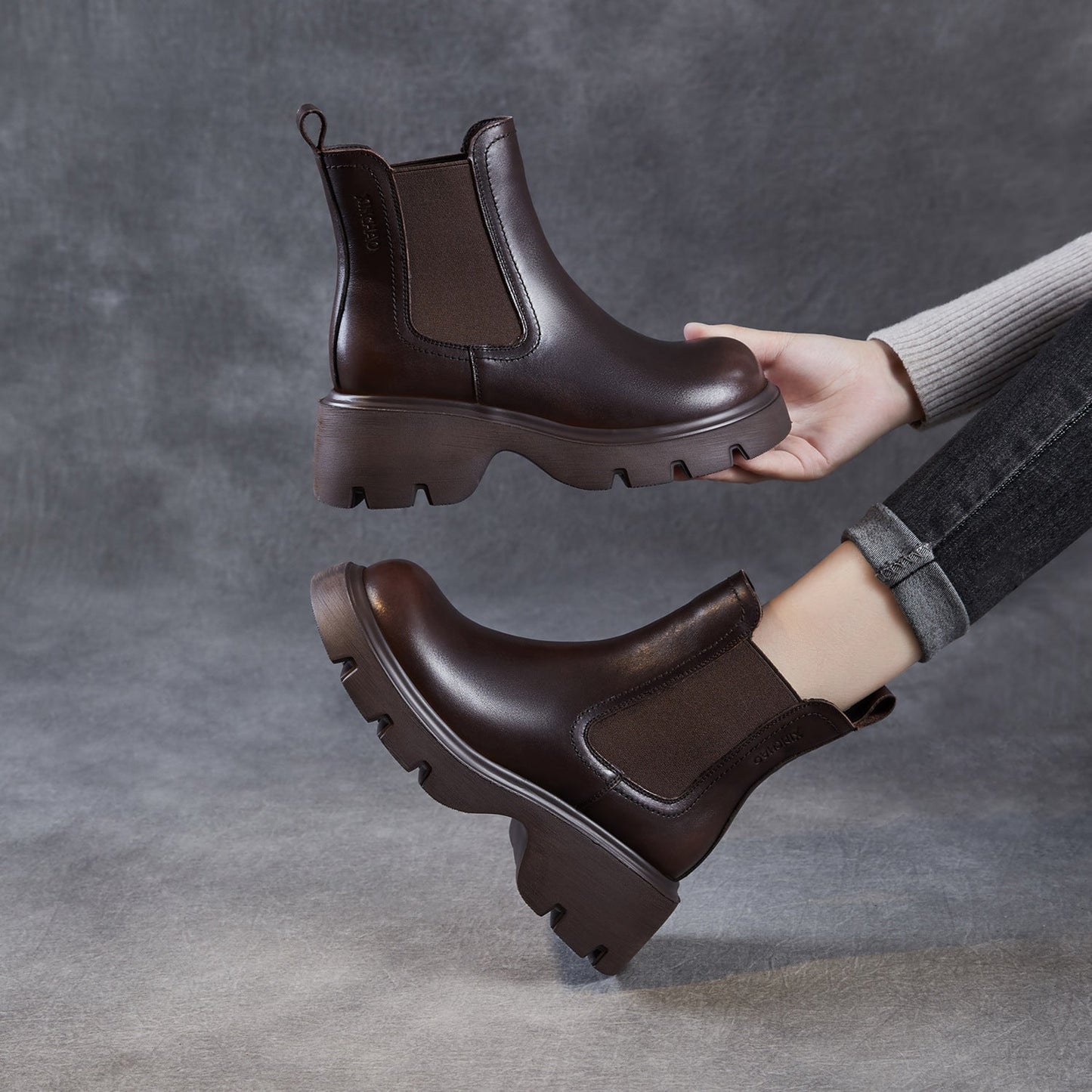 Women's Retro Leather Slip-on Platform Ankle Boots