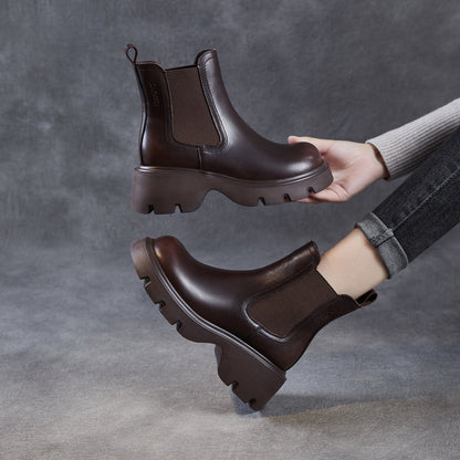 Women's Retro Leather Slip-on Platform Ankle Boots