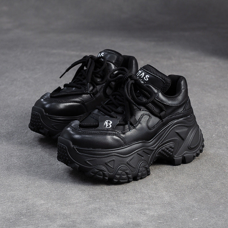 Women's Retro Plain Leather Chunky Platform Sneakers-RAIIFY
