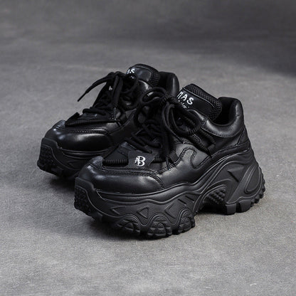 Women's Retro Plain Leather Chunky Platform Sneakers-RAIIFY