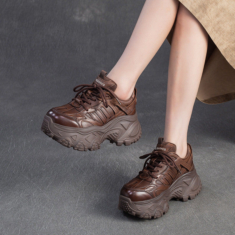 Women's Minimalist Plain Leather Chunky Platform Sneakers