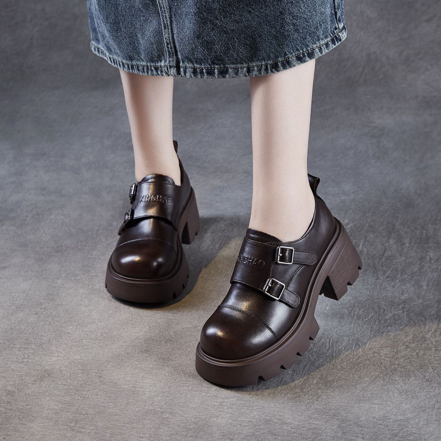 Women's Plain Leather Buckle Chunky Heel Loafers