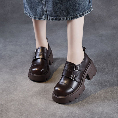 Women's Plain Leather Buckle Chunky Heel Loafers