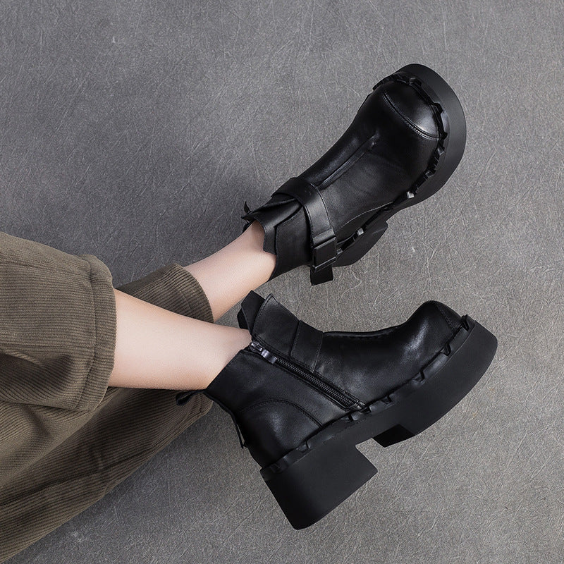 Women's Vintage Leather Buckle Platform Ankle Boots