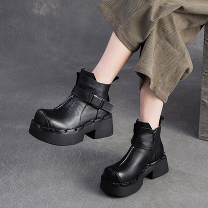 Women's Vintage Leather Buckle Platform Ankle Boots
