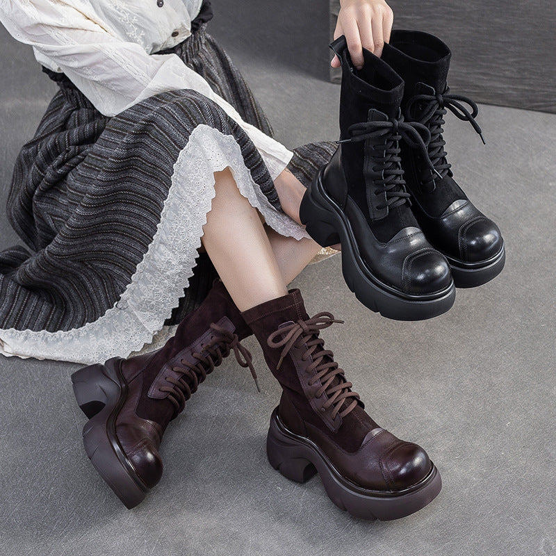 Women's Casual Leather Mid-Calf Platform Boots