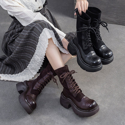 Women's Casual Leather Mid-Calf Platform Boots