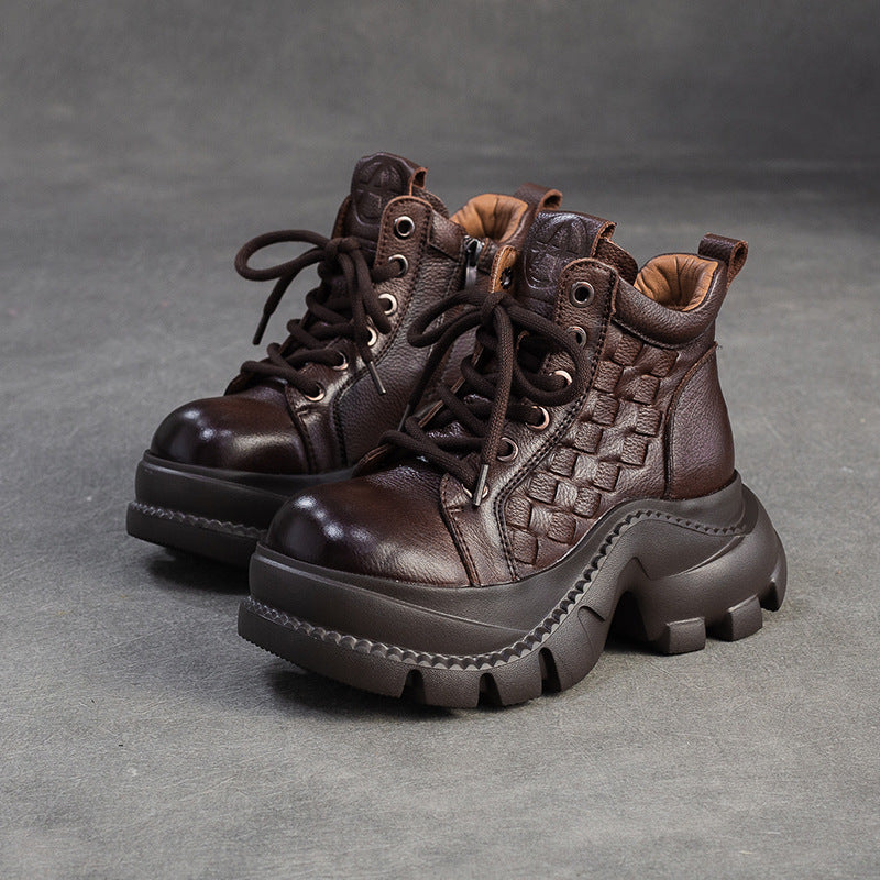 Women's Retro Woven Leather Comfort Platform Boots-RAIIFY