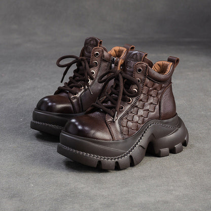Women's Retro Woven Leather Comfort Platform Boots-RAIIFY