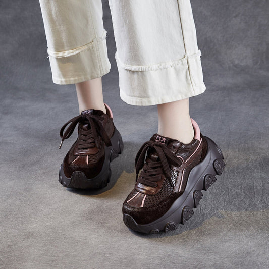 Women's Retro Leather Casual Chunky Platform Sneakers