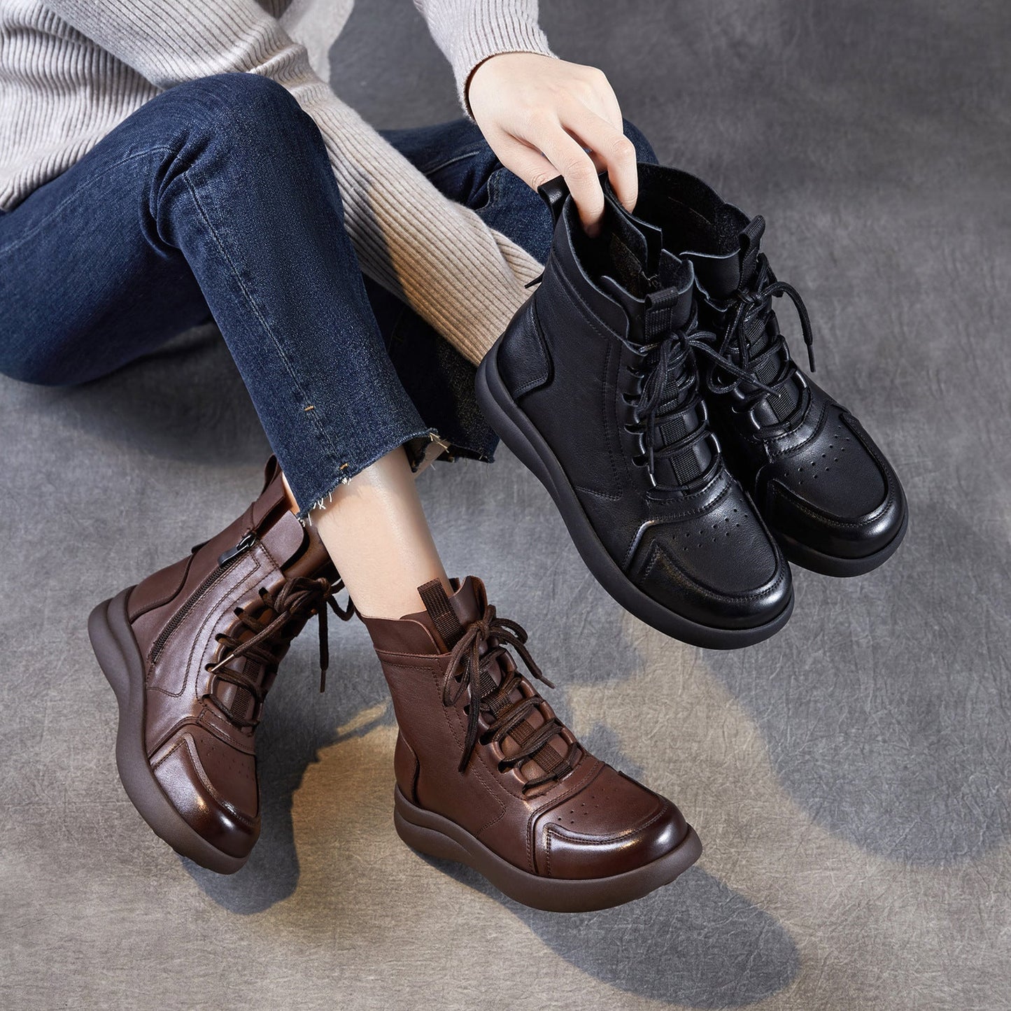 Women's Vintage Breathable Leather Flat Ankle Boots
