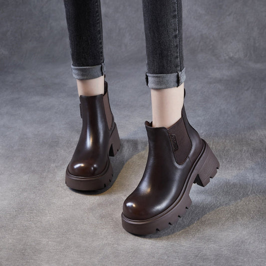 Women's Plain Leather Chunky Heel Slip-on Ankle Boots