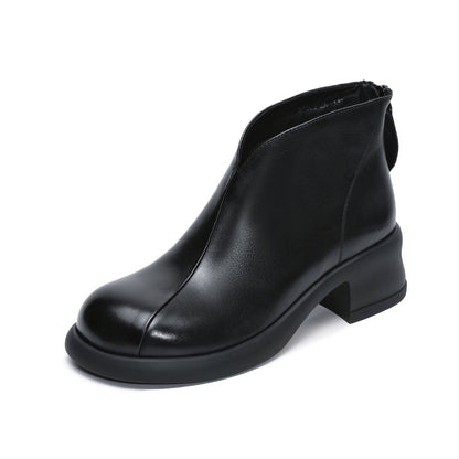 Women's Retro Plain Leather Low Block Ankle Boots-RAIIFY