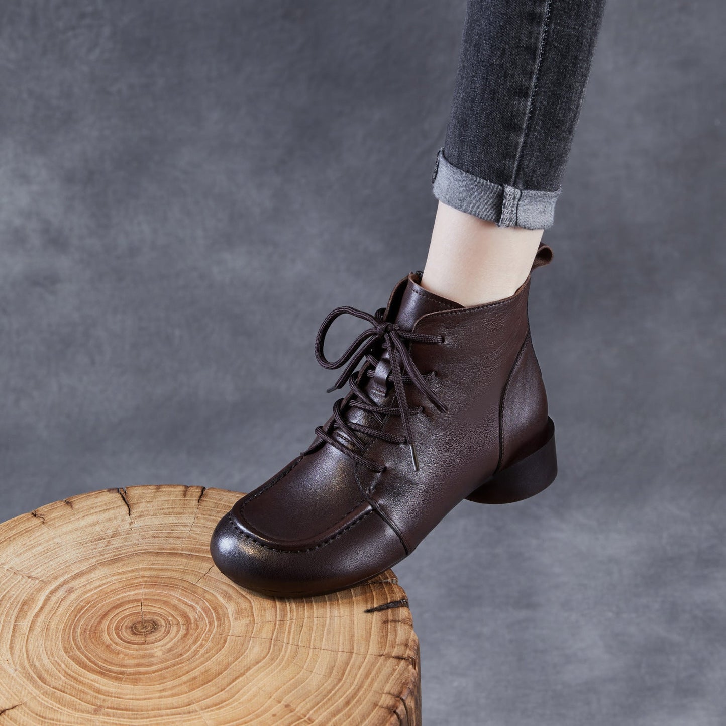 Women's Retro Leather Low Block Ankle Boots