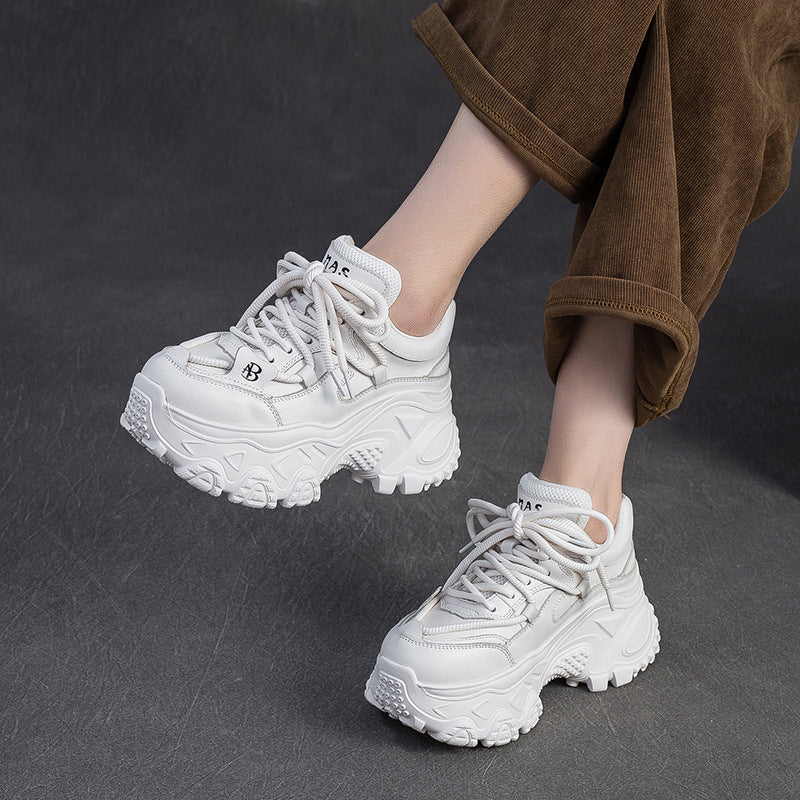 Women's Retro Plain Leather Chunky Platform Sneakers