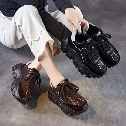 Women's Retro Leather Casual Chunky Platform Sneakers