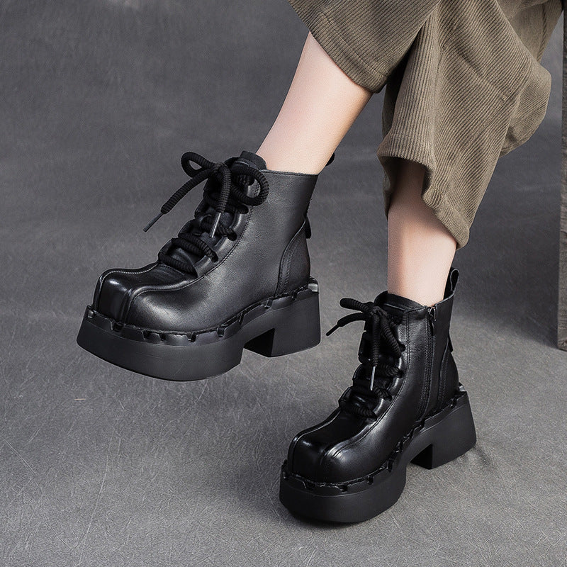 Women's Retro Leather Chunky Heel Boots