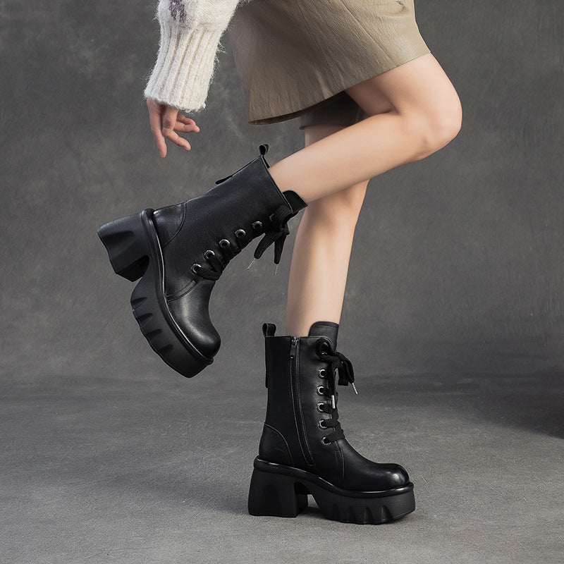 Women's Vintage Leather Chunky Platform Mid-Calf Boots