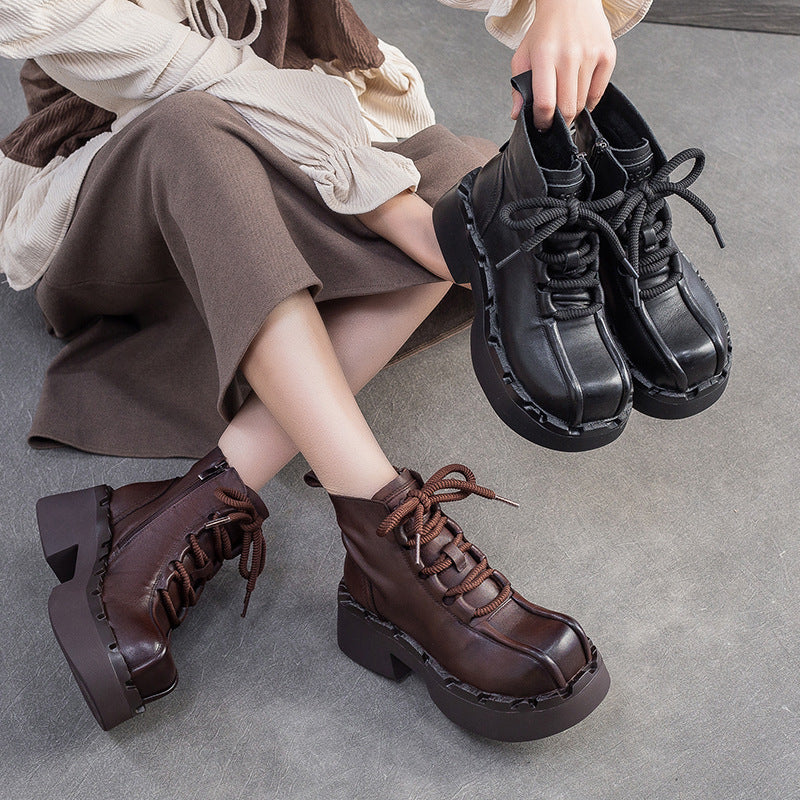 Women's Retro Leather Chunky Heel Boots