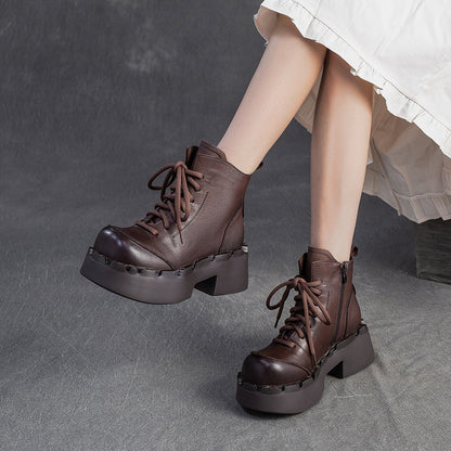 Women's Retro Leather Chunky Platform Ankle Boots
