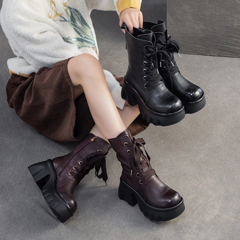 Women's Vintage Leather Chunky Platform Mid-Calf Boots