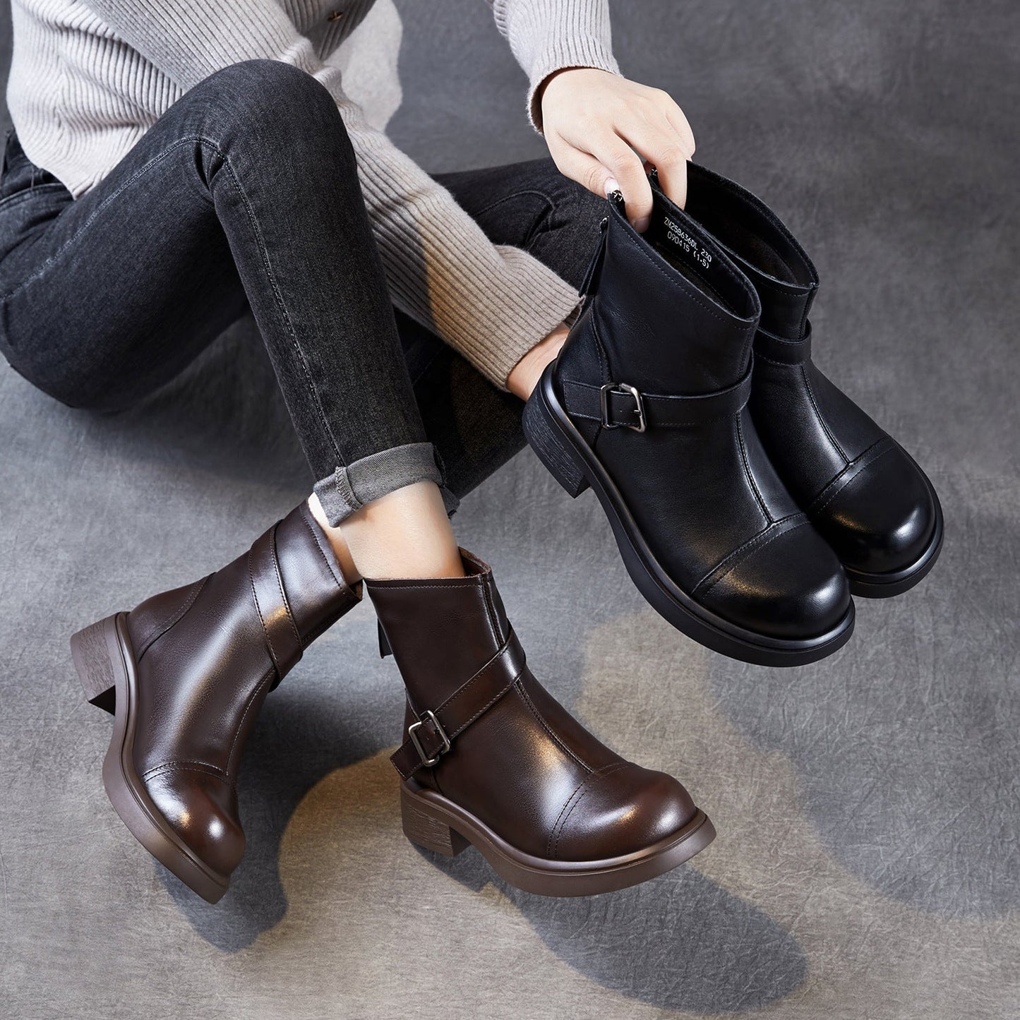 Women's Vintage Leather Buckle Strap Ankle Boots