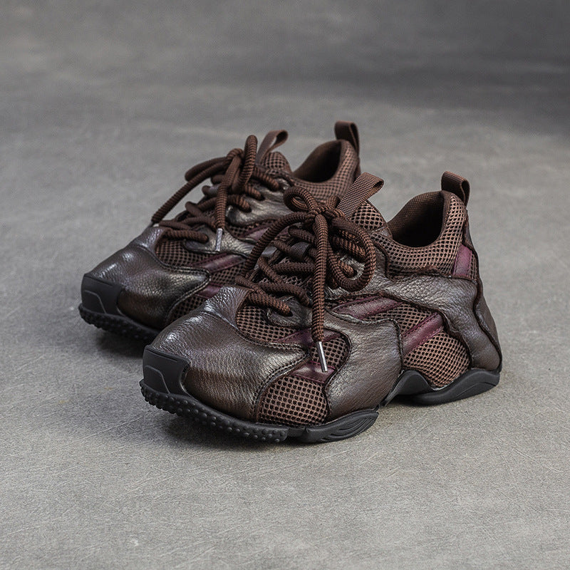 Women's Retro Breathable Mesh Leather Flat Casual Shoes-RAIIFY