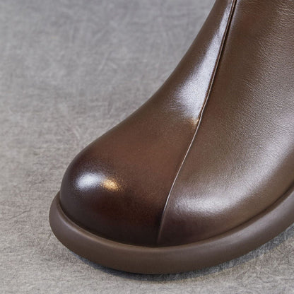 Women's Retro Plain Leather Low Block Ankle Boots
