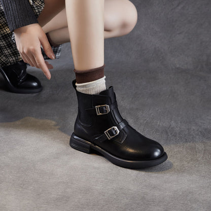 Women's Retro Buckle Leather Slip-on Ankle Boots