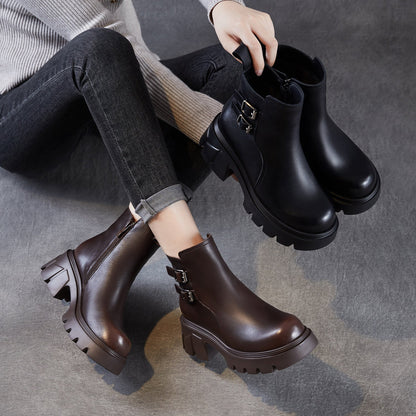 Women's Classic Plain Leather Buckle Platform Ankle Boots