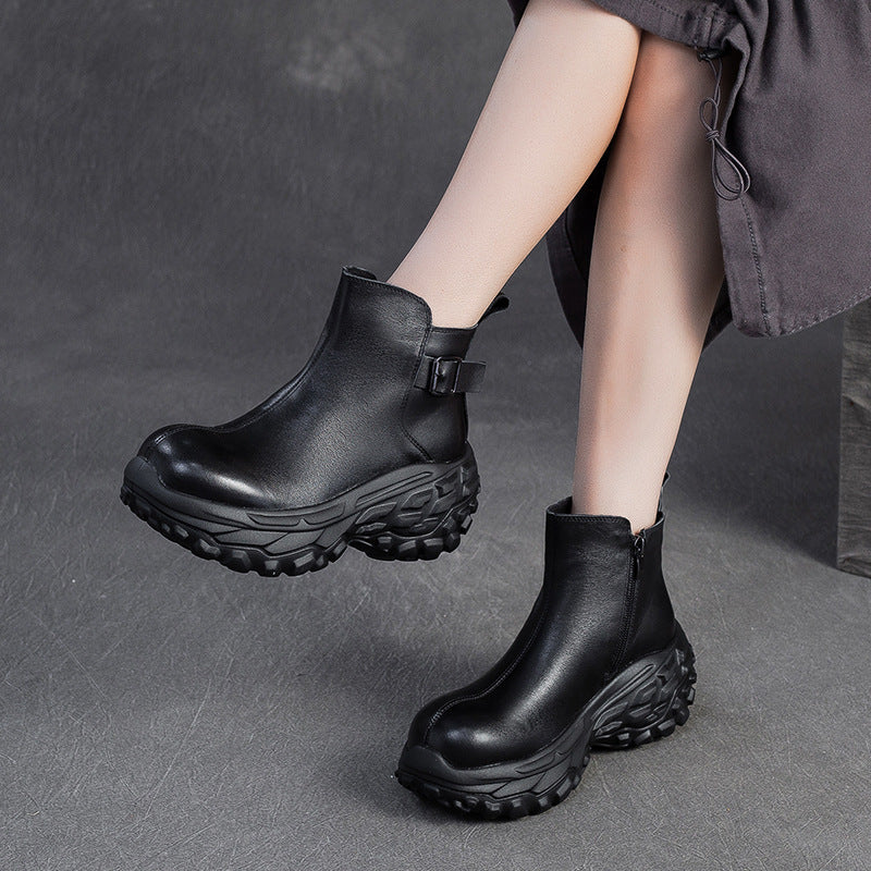 Women's Vintage Chunky-Sole Leather Ankle Boots