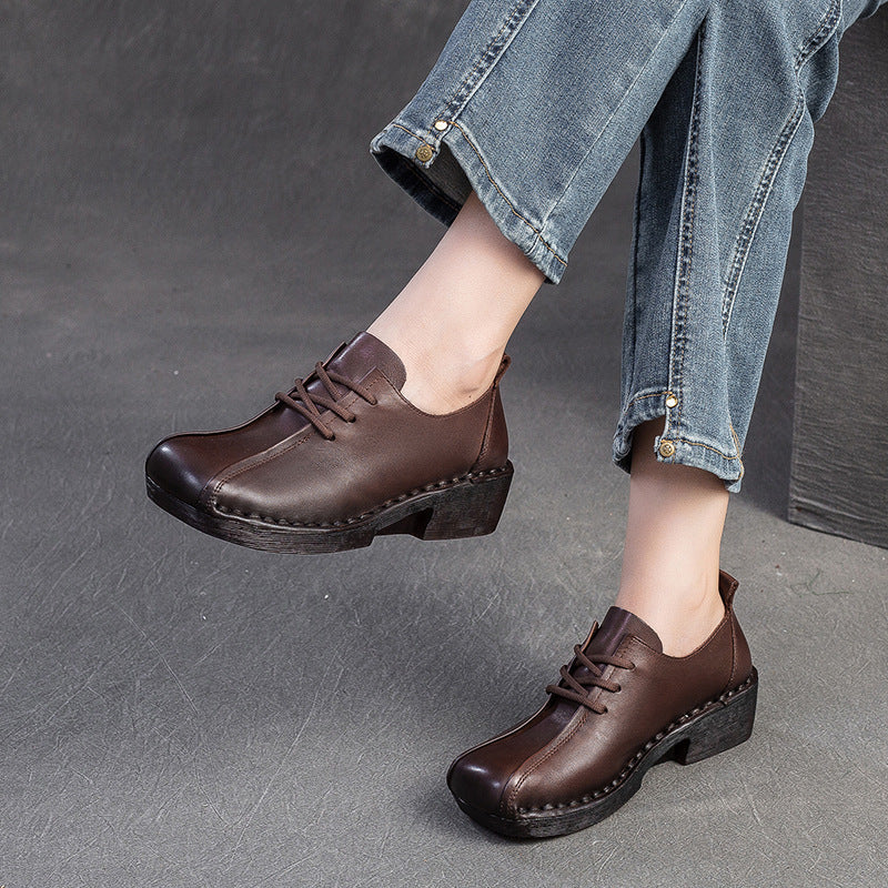 Women's Retro Leather Chunky Heel Casual Shoes