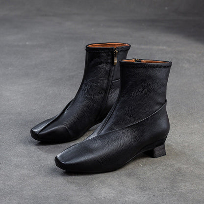 Women's Retro Plain Leather Casual Low Block Boots-RAIIFY